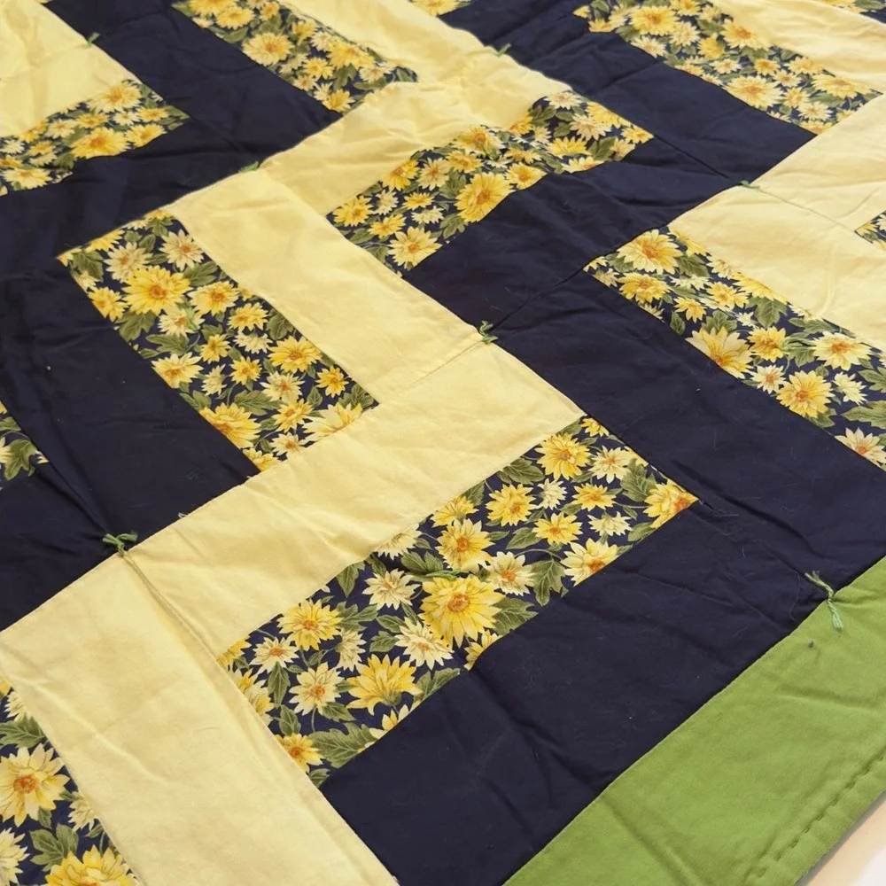 Handmade Sunflower Rail Fence Patchwork Quilt Navy Yellow Green 40x49 Throw